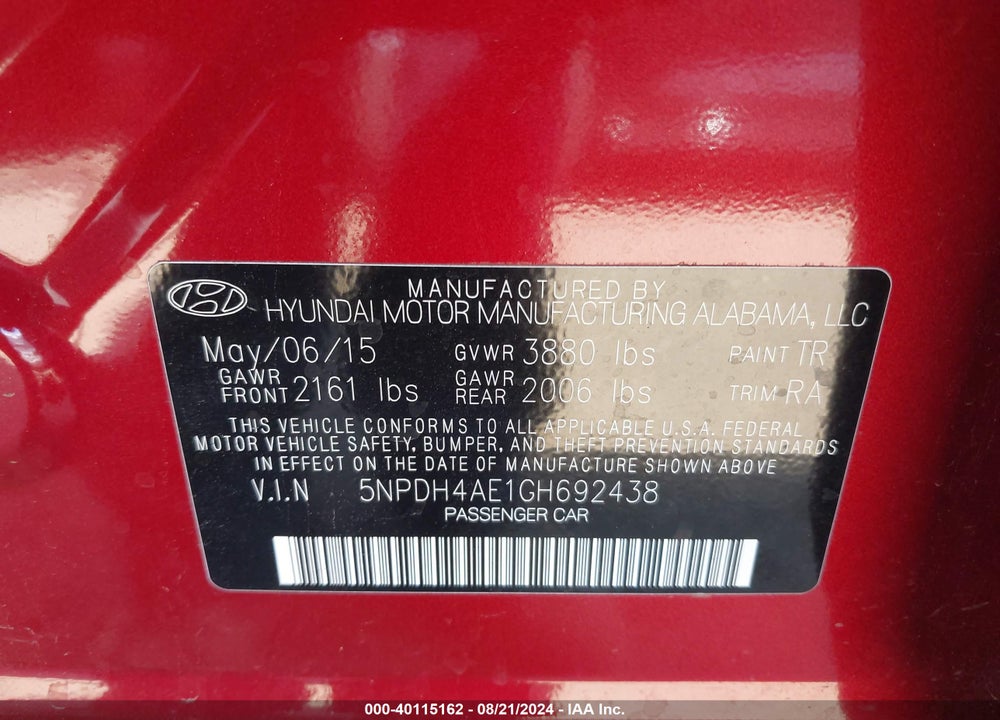 2016 HYUNDAI ELANTRA SE VIN: 5NPDH4AE1GH692438