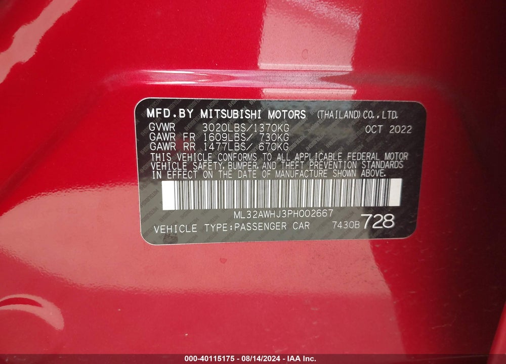 2023 MITSUBISHI MIRAGE BLACK EDITION/RALLIART/SE VIN: ML32AWHJ3PH002667