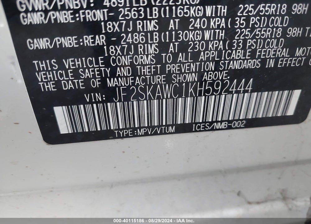 2019 SUBARU FORESTER TOURING VIN: JF2SKAWC1KH592444
