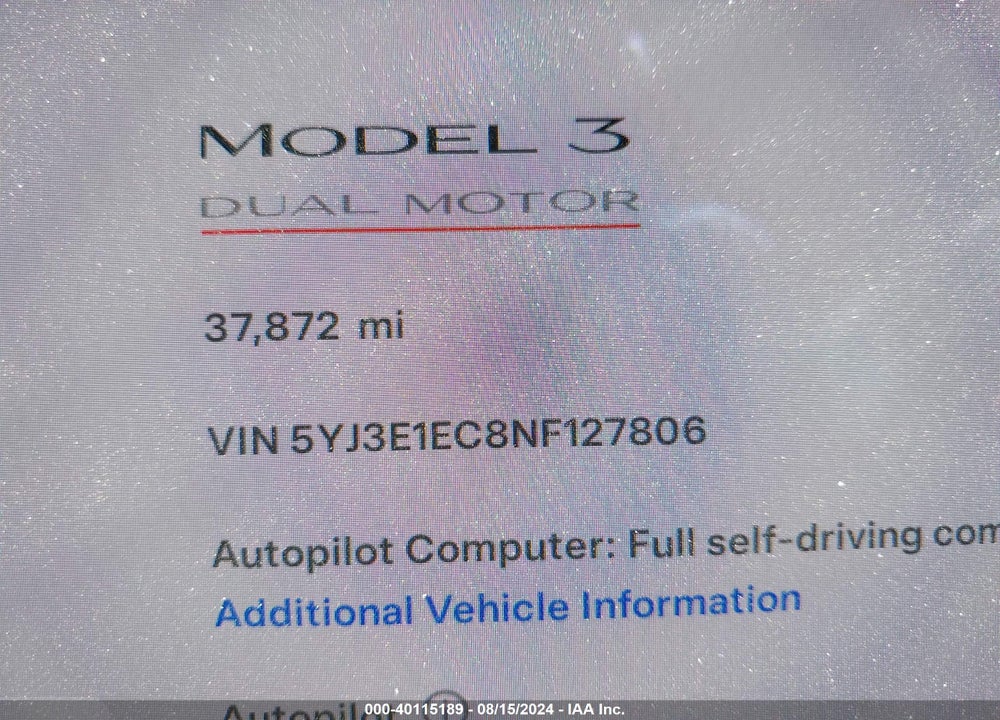 2022 TESLA MODEL 3 PERFORMANCE DUAL MOTOR ALL-WHEEL DRIVE VIN: 5YJ3E1EC8NF127806