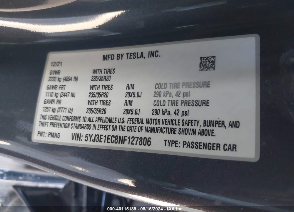 2022 TESLA MODEL 3 PERFORMANCE DUAL MOTOR ALL-WHEEL DRIVE VIN: 5YJ3E1EC8NF127806