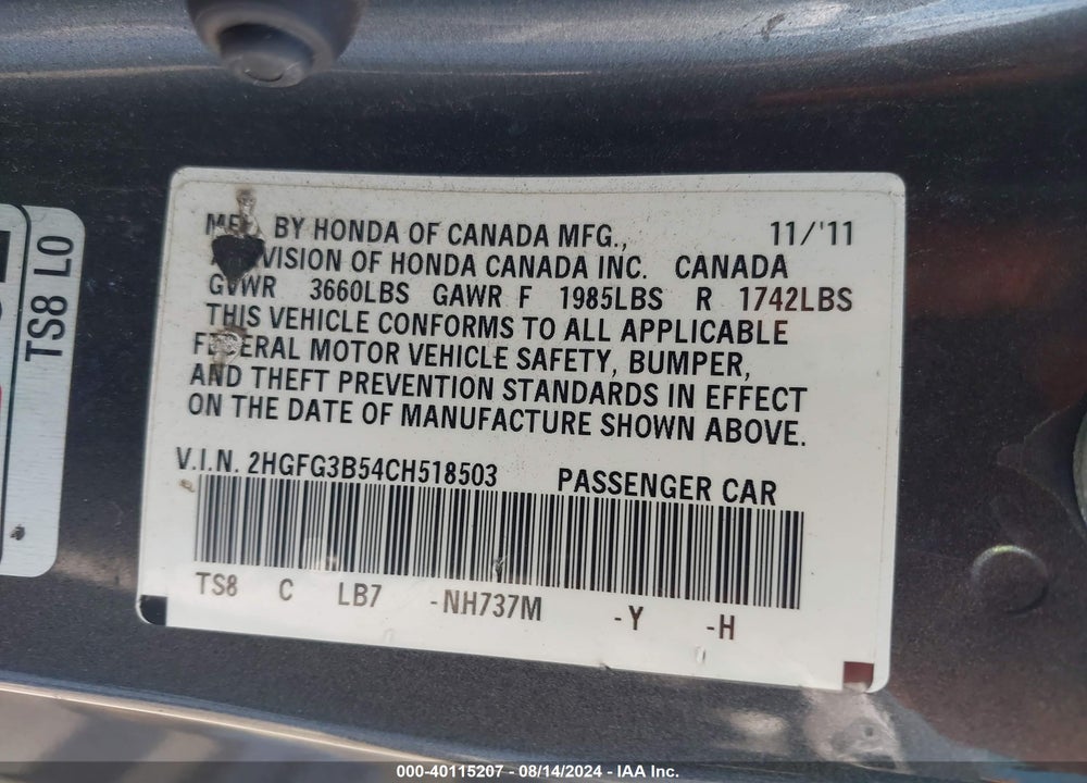 2012 HONDA CIVIC LX VIN: 2HGFG3B54CH518503