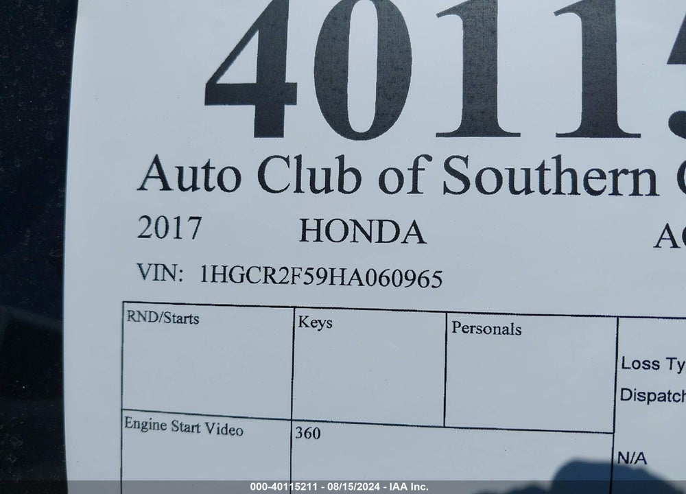 2017 HONDA ACCORD SPORT VIN: 1HGCR2F59HA060965