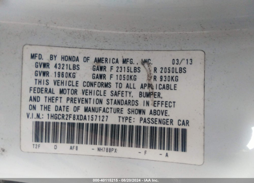 2013 HONDA ACCORD EX-L VIN: 1HGCR2F8XDA157127