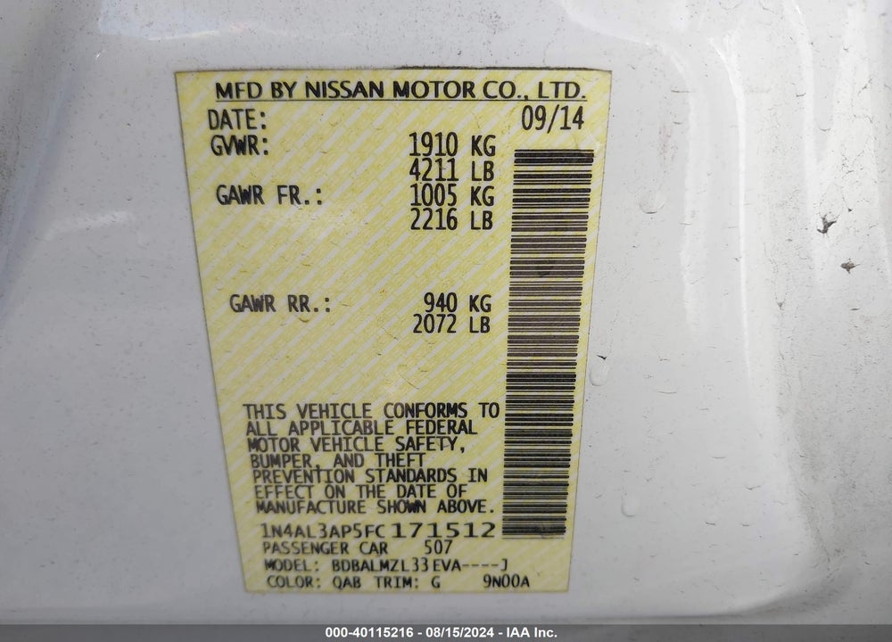 2015 NISSAN ALTIMA VIN: 1N4AL3AP5FC171512