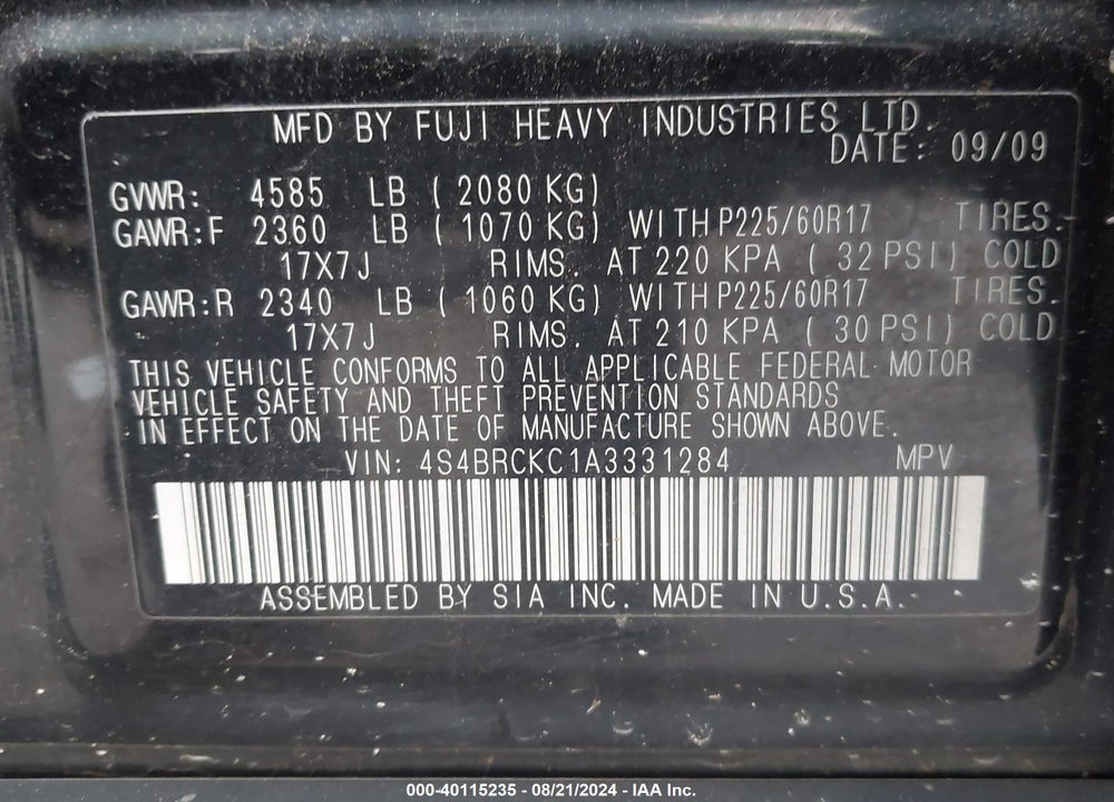 2010 SUBARU OUTBACK 2.5I LIMITED VIN: 4S4BRCKC1A3331284