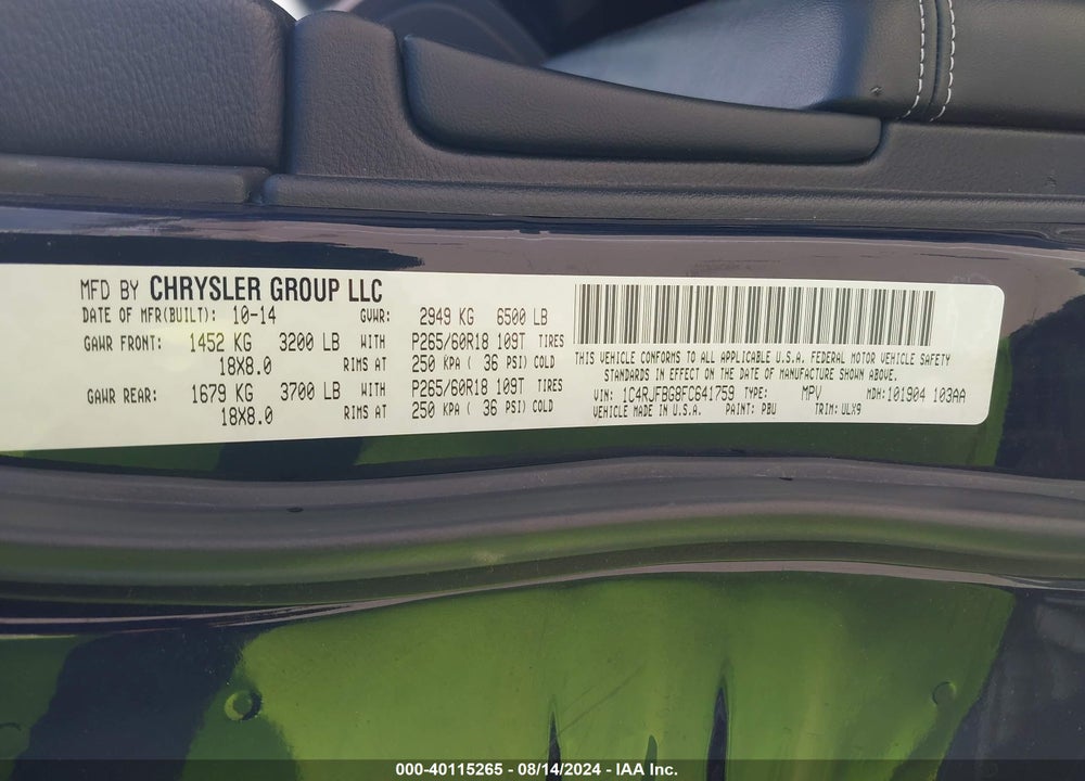 2015 JEEP GRAND CHEROKEE LIMITED VIN: 1C4RJFBG8FC641759