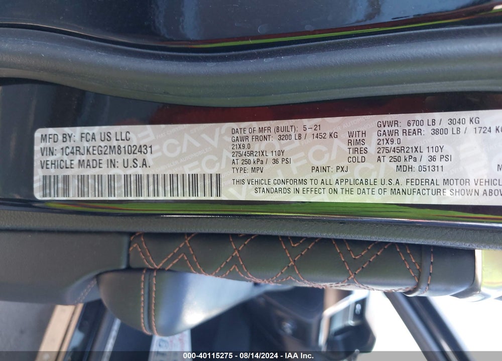 2021 JEEP GRAND CHEROKEE L SUMMIT RESERVE 4X4 VIN: 1C4RJKEG2M8102431