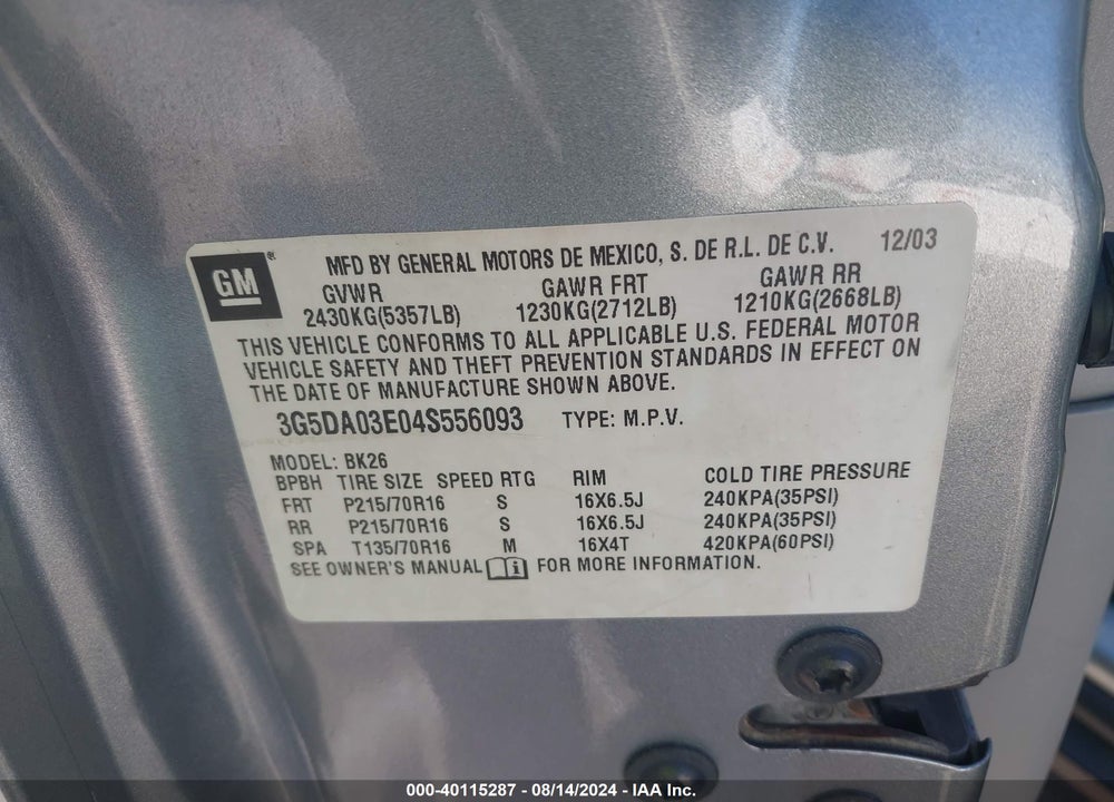 2004 BUICK RENDEZVOUS VIN: 3G5DA03E04S556093