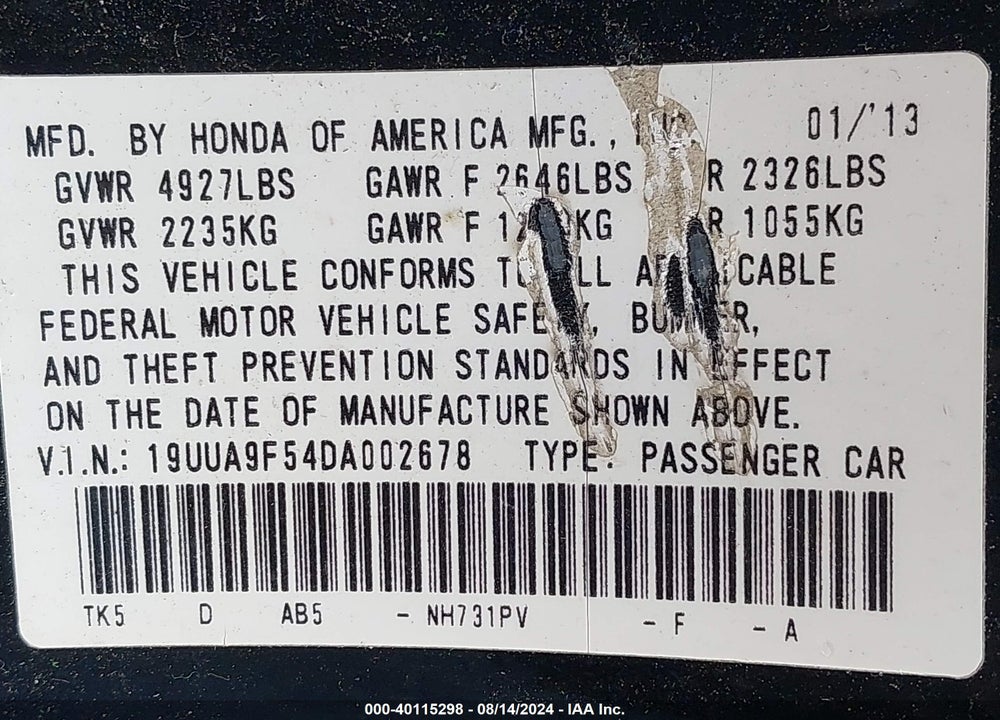 2013 ACURA TL 3.7 VIN: 19UUA9F54DA002678