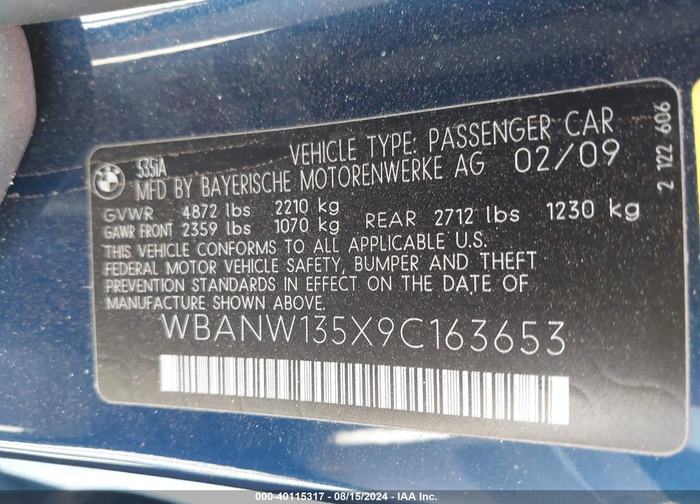 2009 BMW 535I VIN: WBANW135X9C163653