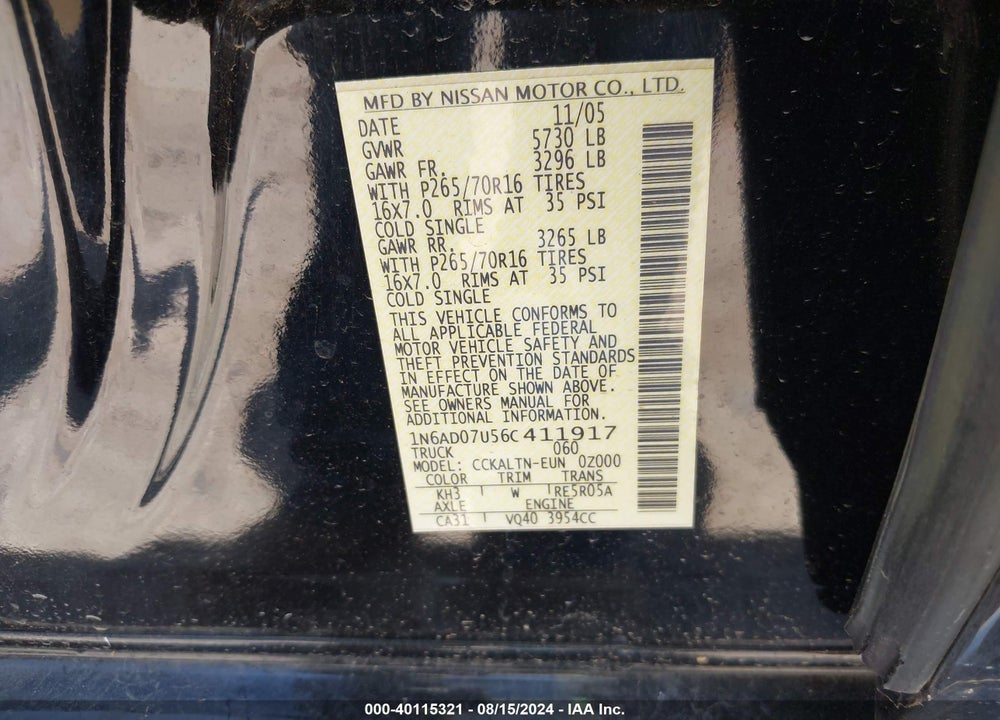 2006 NISSAN FRONTIER SE VIN: 1N6AD07U56C411917