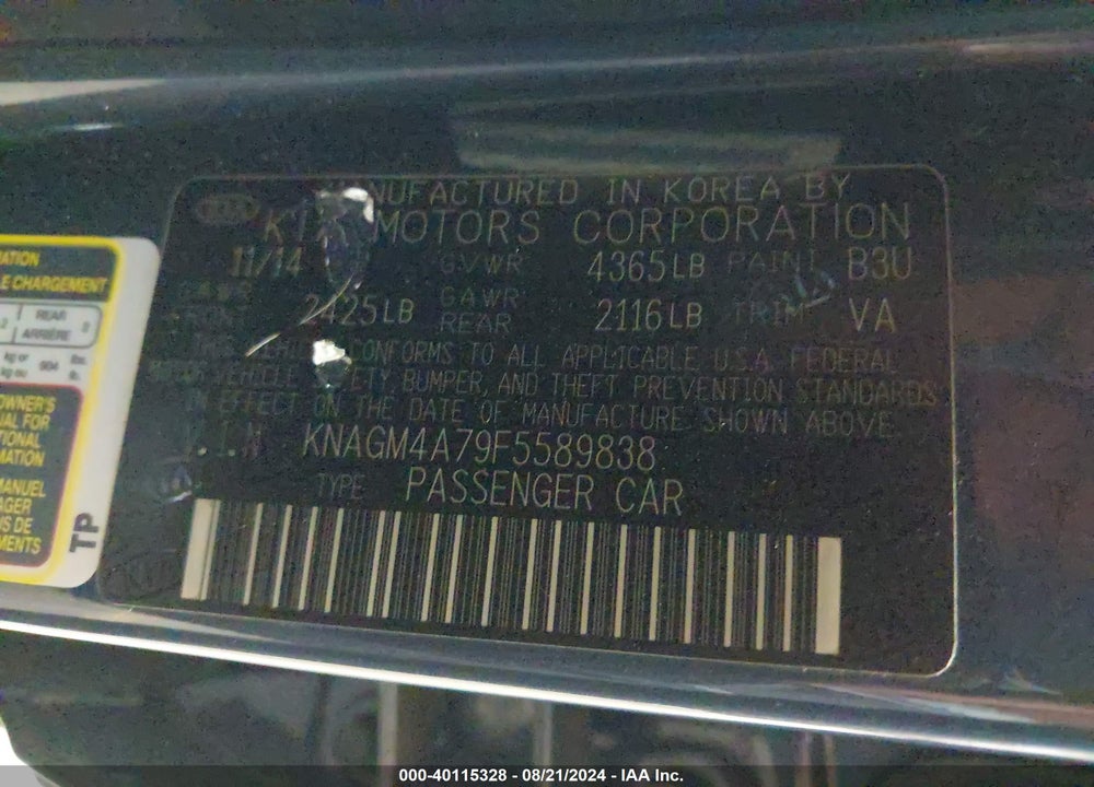 2015 KIA OPTIMA LX VIN: KNAGM4A79F5589838