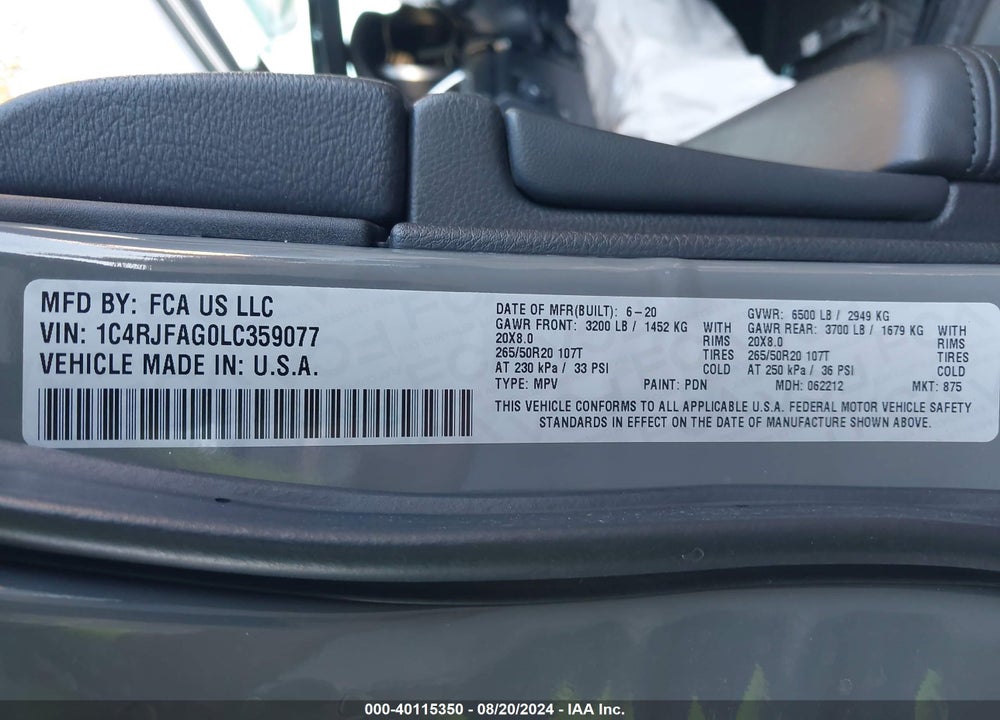 2020 JEEP GRAND CHEROKEE ALTITUDE 4X4 VIN: 1C4RJFAG0LC359077
