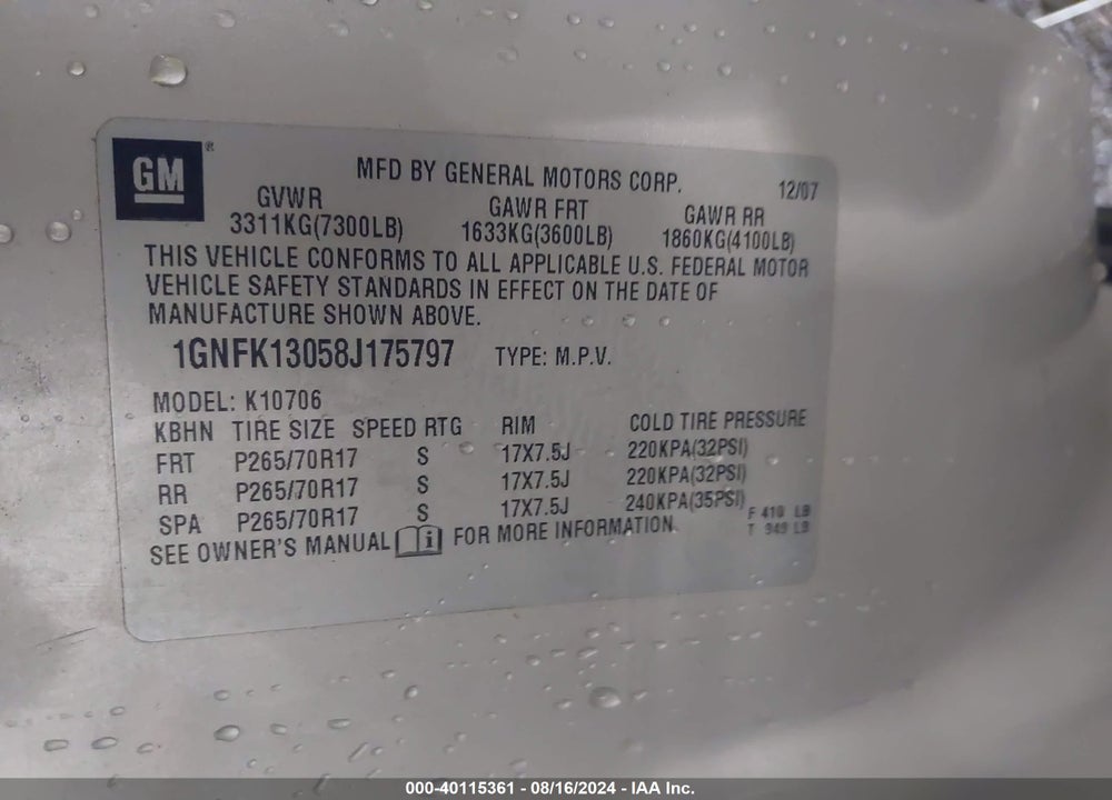 2008 CHEVROLET TAHOE LT VIN: 1GNFK13058J175797