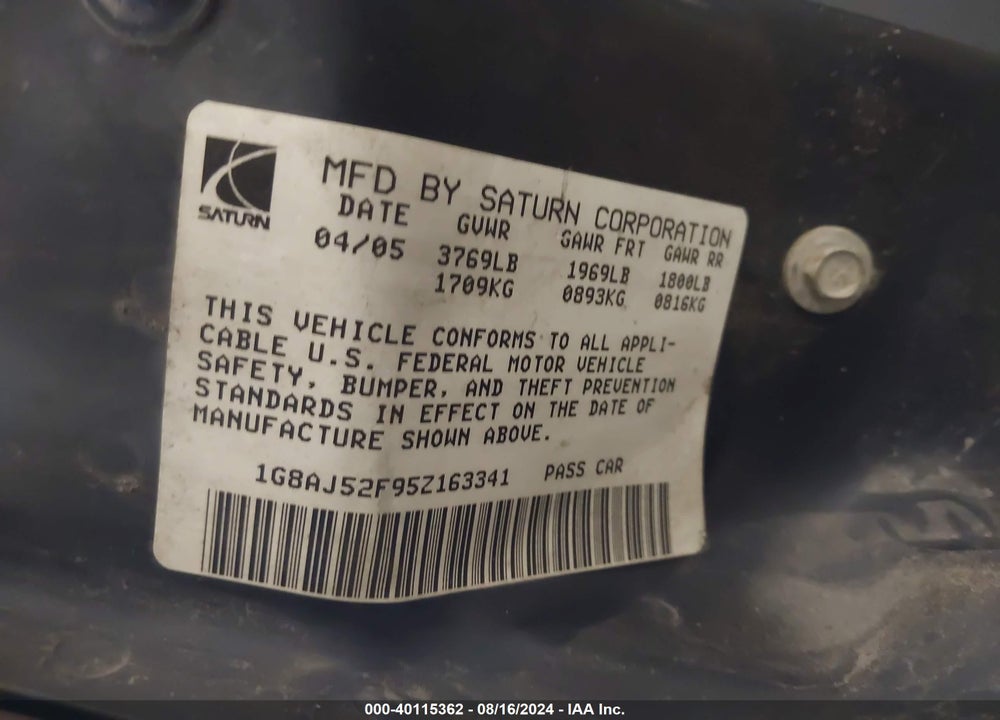 2005 SATURN ION 2 VIN: 1G8AJ52F95Z163341
