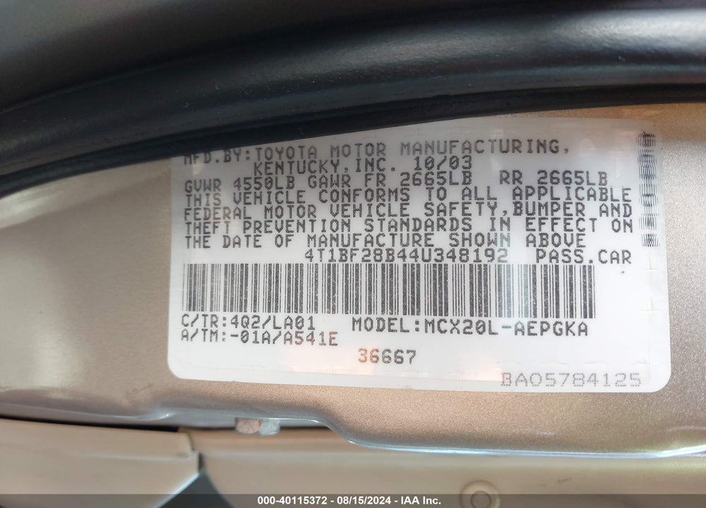 2004 TOYOTA AVALON XLS VIN: 4T1BF28B44U348192