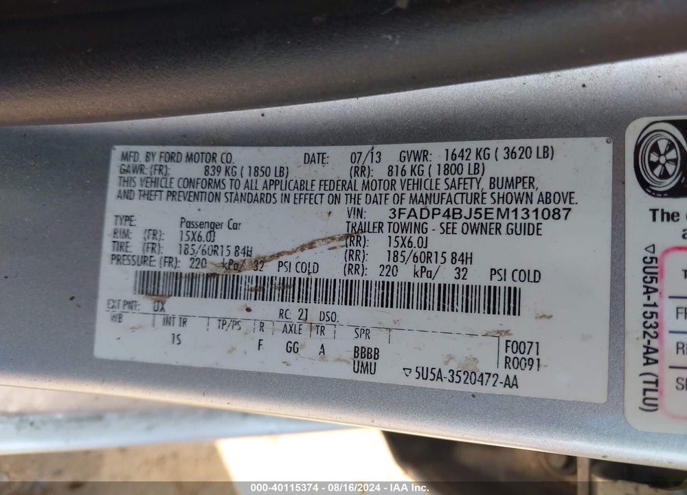2014 FORD FIESTA SE VIN: 3FADP4BJ5EM131087