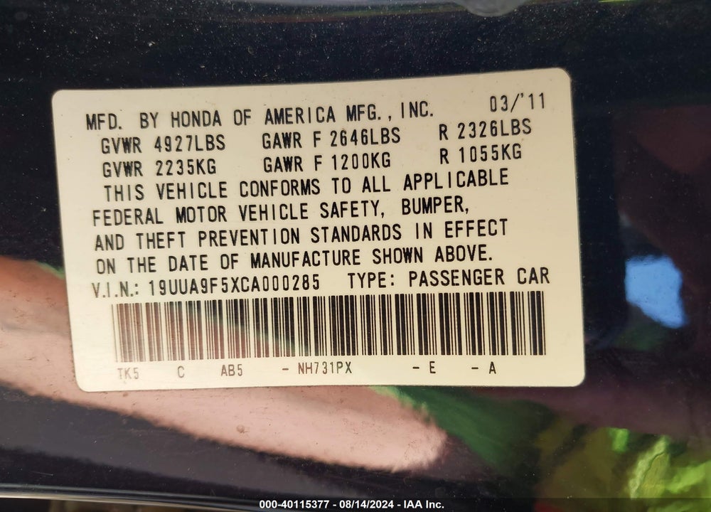 2012 ACURA TL 3.7 VIN: 19UUA9F5XCA000285