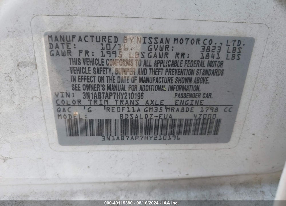 2017 NISSAN SENTRA SV VIN: 3N1AB7AP7HY210196