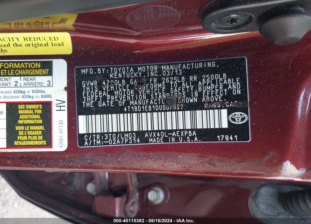 2013 TOYOTA AVALON HYBRID LIMITED VIN: 4T1BD1EB1DU007322