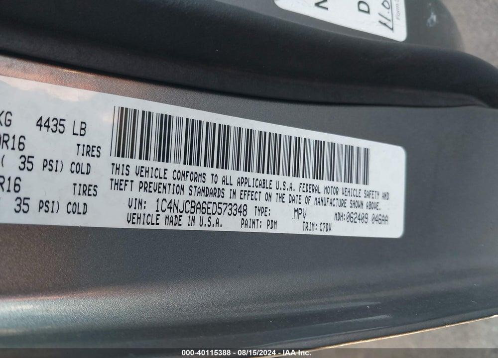 2014 JEEP COMPASS SPORT VIN: 1C4NJCBA6ED573348