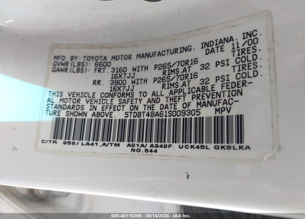 2001 TOYOTA SEQUOIA LIMITED V8 VIN: 5TDBT48A61S009305