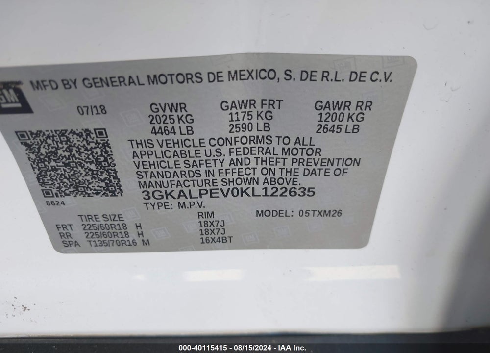 2019 GMC TERRAIN SLT VIN: 3GKALPEV0KL122635