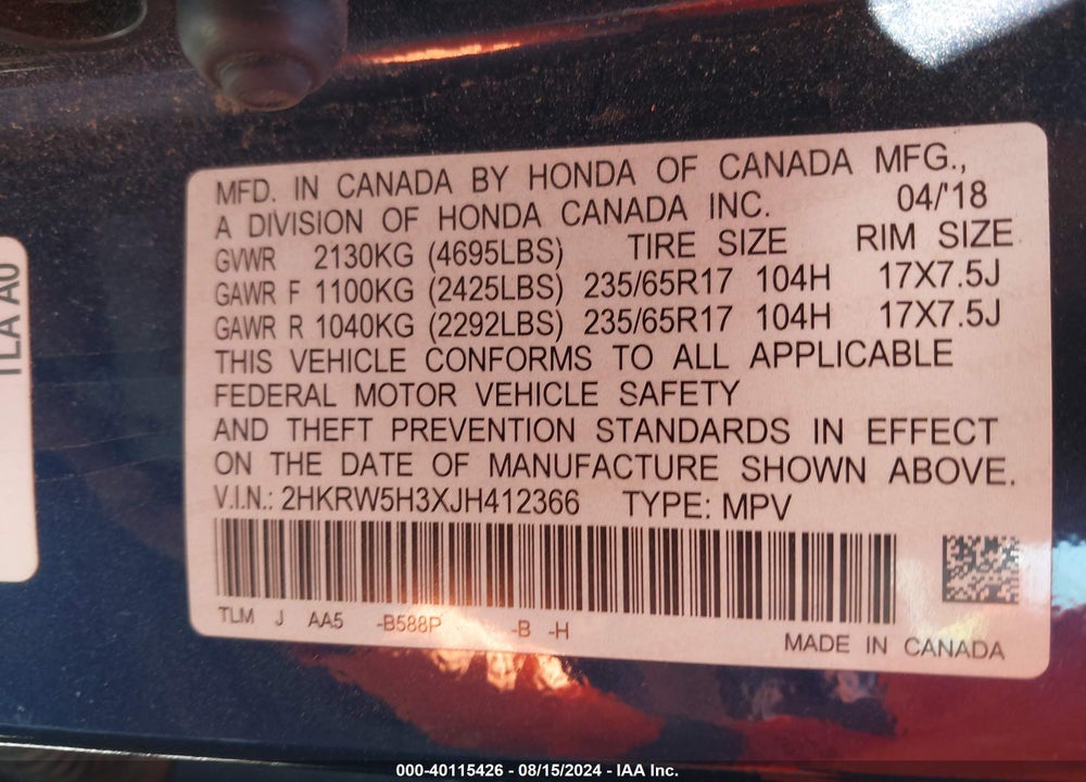 2018 HONDA CR-V LX VIN: 2HKRW5H3XJH412366