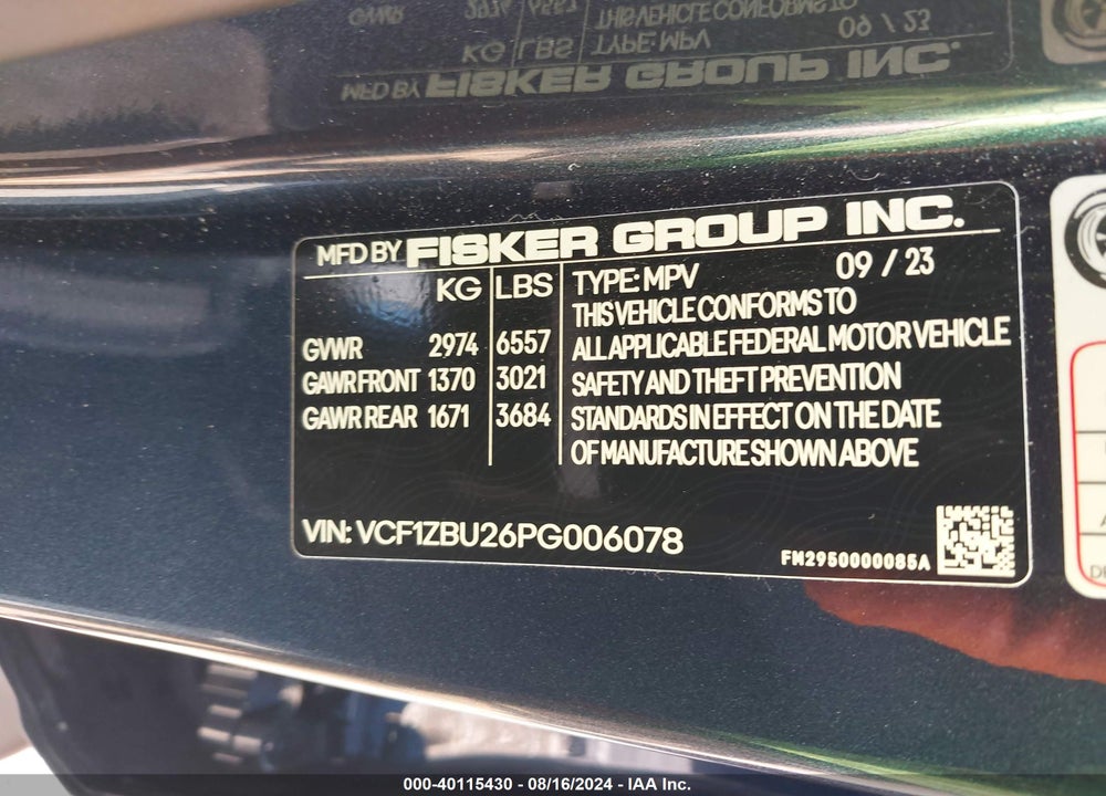 2023 FISKER OCEAN ONE VIN: VCF1ZBU26PG006078