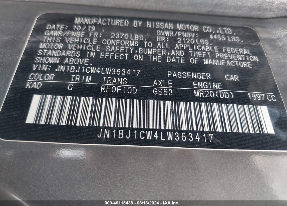 2020 NISSAN ROGUE SPORT S AWD XTRONIC CVT VIN: JN1BJ1CW4LW363417