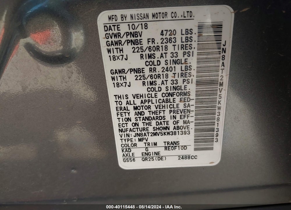 2019 NISSAN ROGUE SV VIN: JN8AT2MV5KW381393