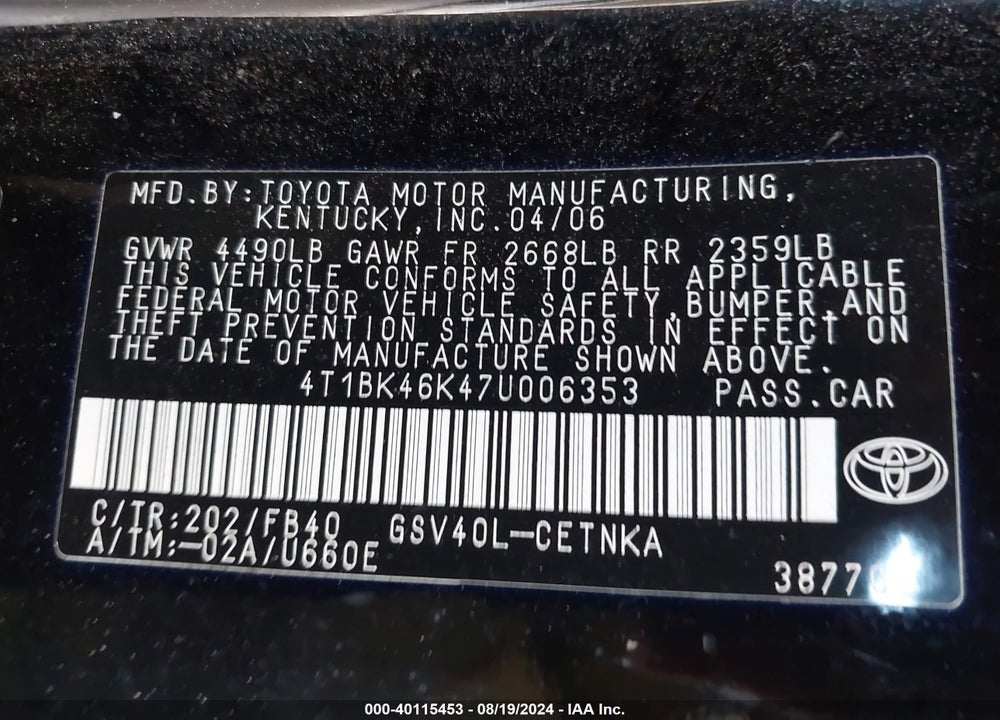 2007 TOYOTA CAMRY LE V6 VIN: 4T1BK46K47U006353