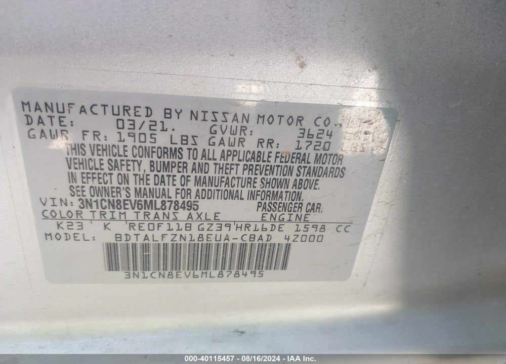 2021 NISSAN VERSA SV XTRONIC CVT VIN: 3N1CN8EV6ML878495