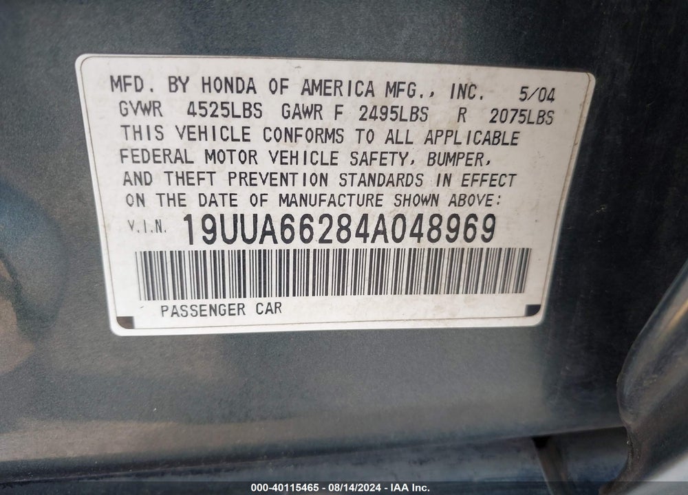 2004 ACURA TL VIN: 19UUA66284A048969