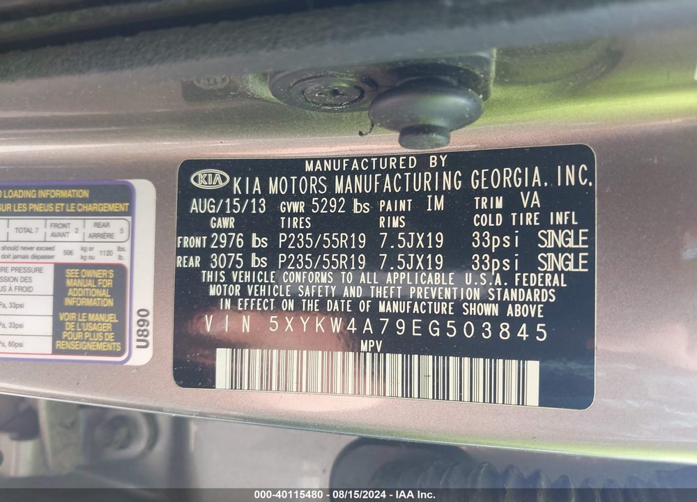 2014 KIA SORENTO VIN: 5XYKW4A79EG503845