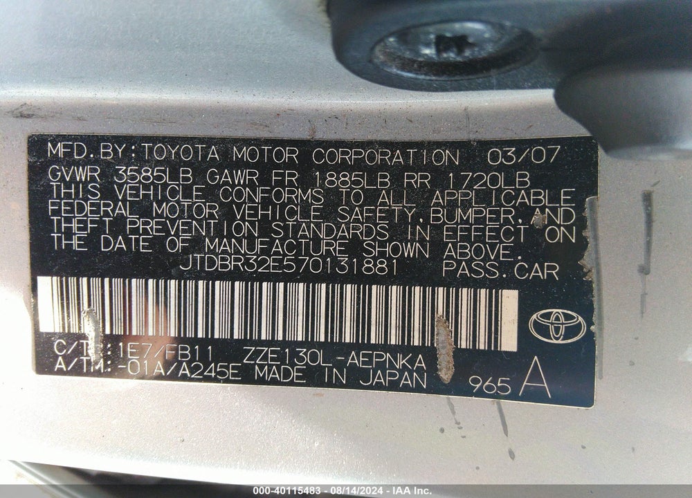 2007 TOYOTA COROLLA LE VIN: JTDBR32E570131881