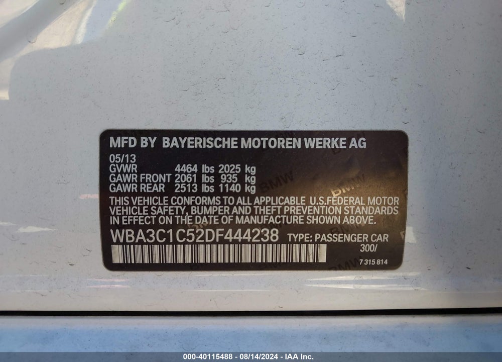 2013 BMW 328I VIN: WBA3C1C52DF444238
