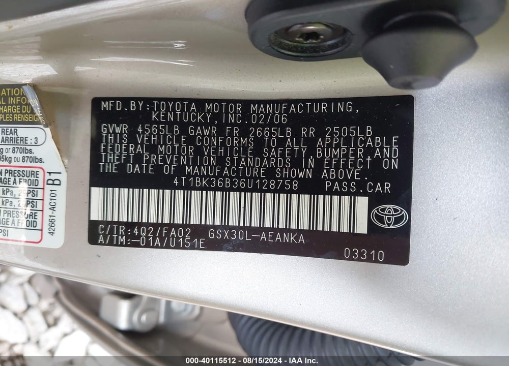 2006 TOYOTA AVALON XL VIN: 4T1BK36B36U128758