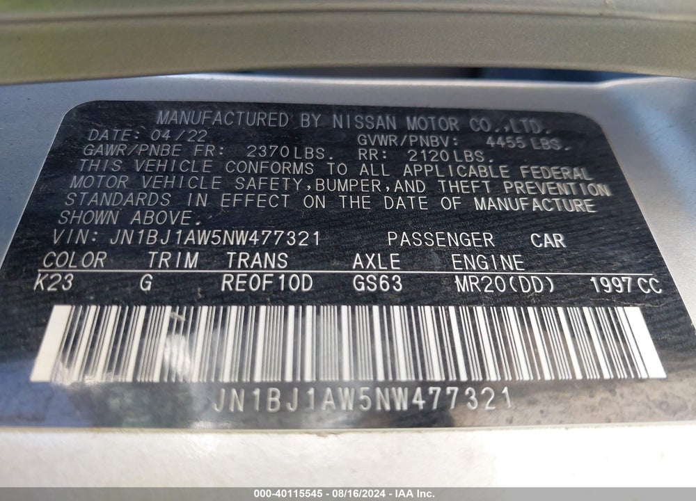 2022 NISSAN ROGUE SPORT VIN: JN1BJ1AW5NW477321