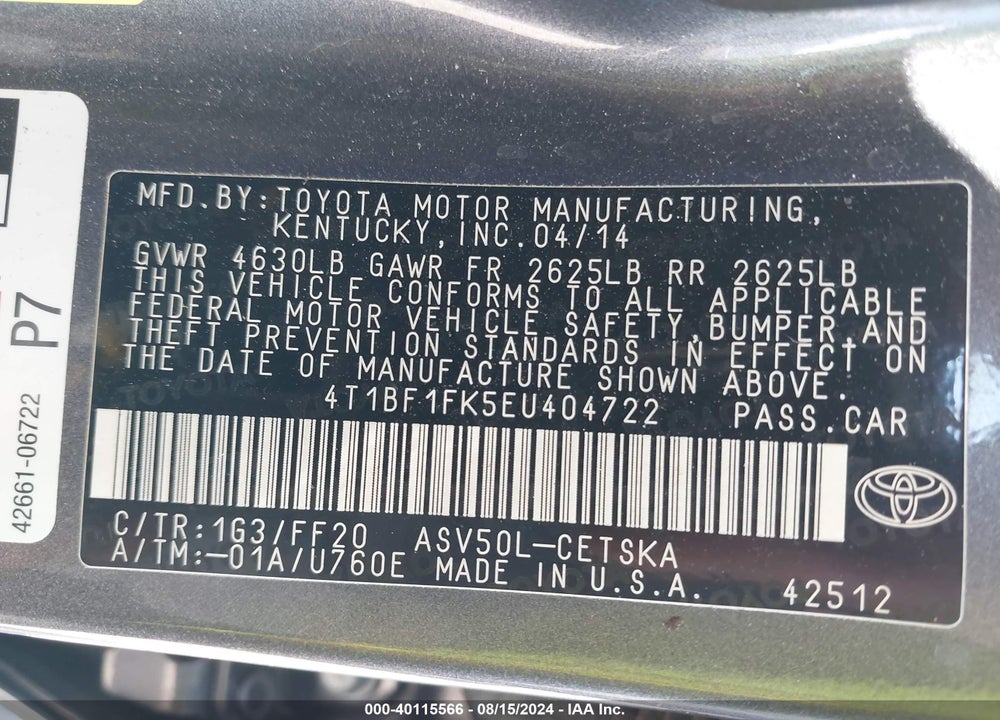2014 TOYOTA CAMRY SE VIN: 4T1BF1FK5EU404722