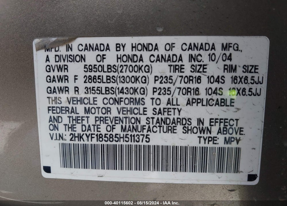 2005 HONDA PILOT VIN: 2HKYF18585H511375