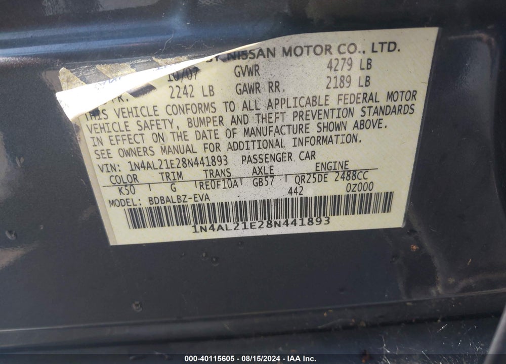 2008 NISSAN ALTIMA 2.5 S VIN: 1N4AL21E28N441893