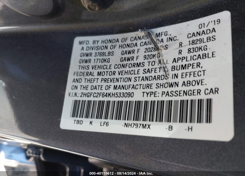 2019 HONDA CIVIC LX VIN: 2HGFC2F64KH533090