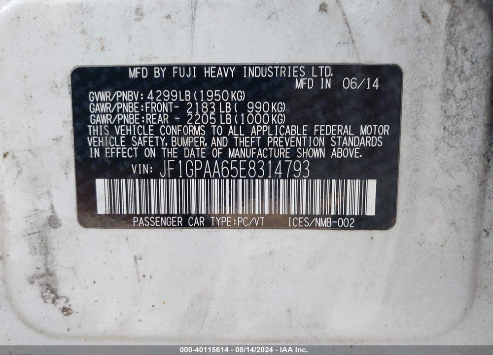 2014 SUBARU IMPREZA 2.0I VIN: JF1GPAA65E8314793