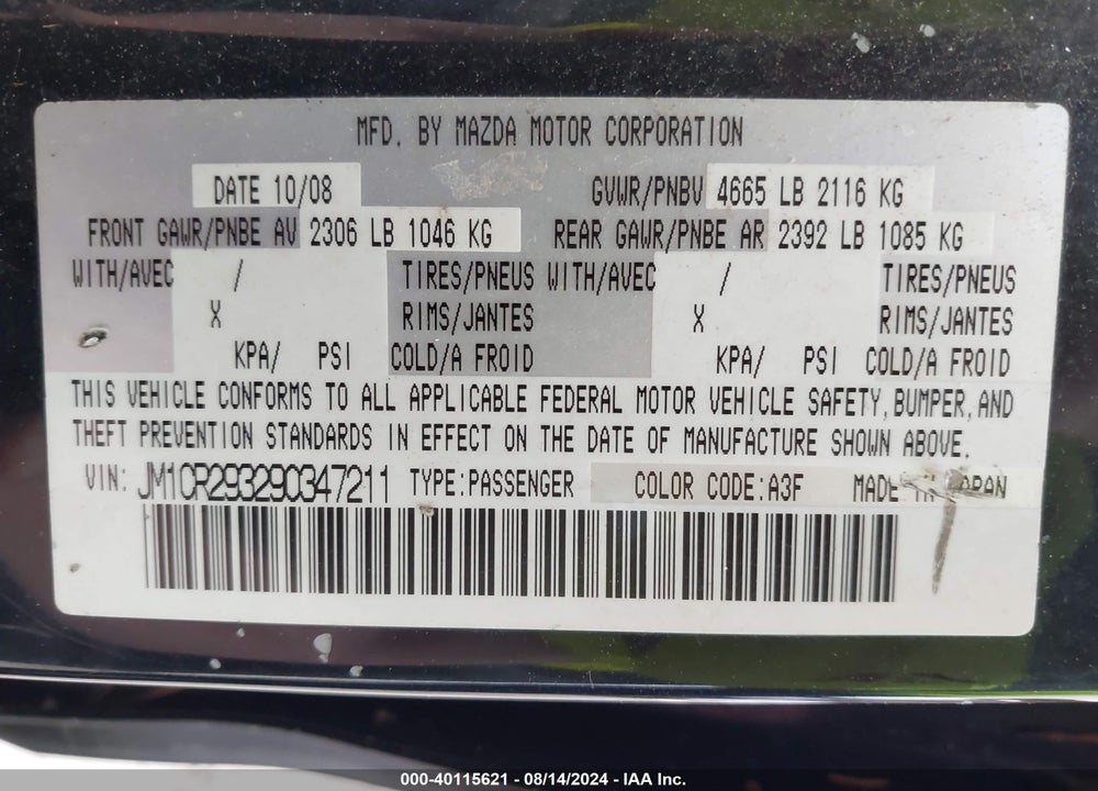 2009 MAZDA 5 SPORT VIN: JM1CR293290347211