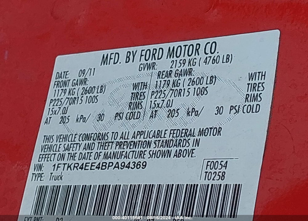 2011 FORD RANGER XLT VIN: 1FTKR4EE4BPA94369