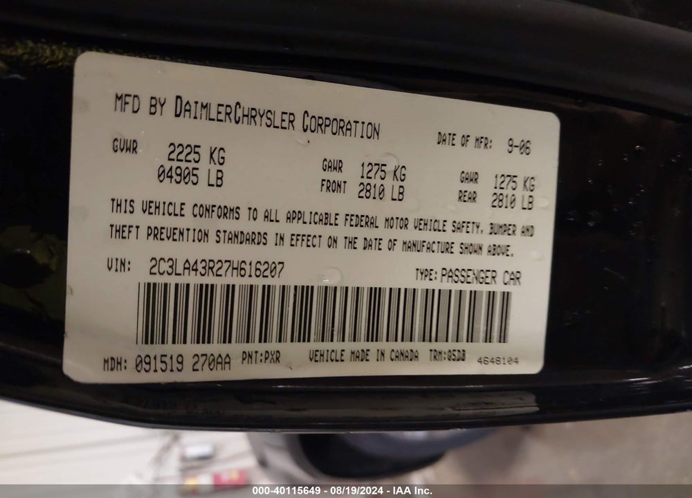 2007 CHRYSLER 300 VIN: 2C3LA43R27H616207