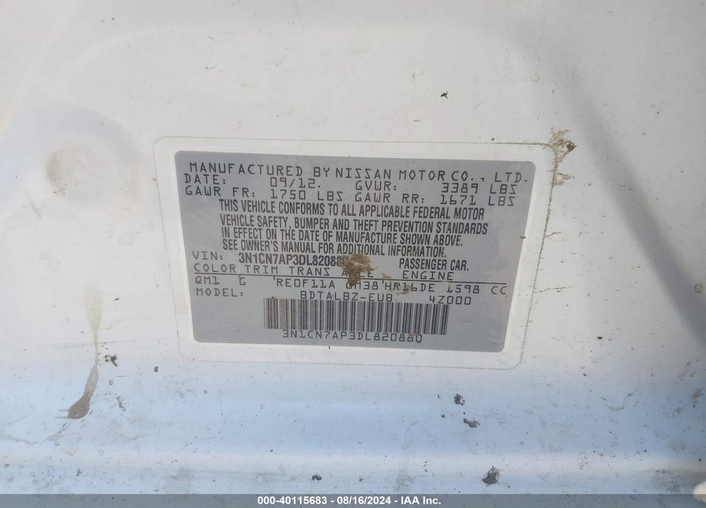 2013 NISSAN VERSA VIN: 3N1CN7AP3DL820880