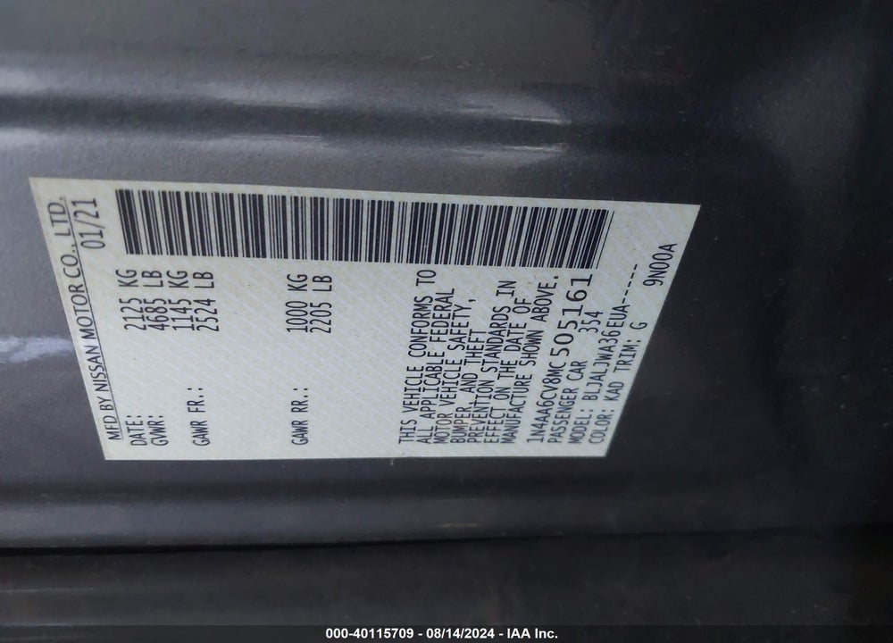 2021 NISSAN MAXIMA SV XTRONIC CVT VIN: 1N4AA6CV8MC505161
